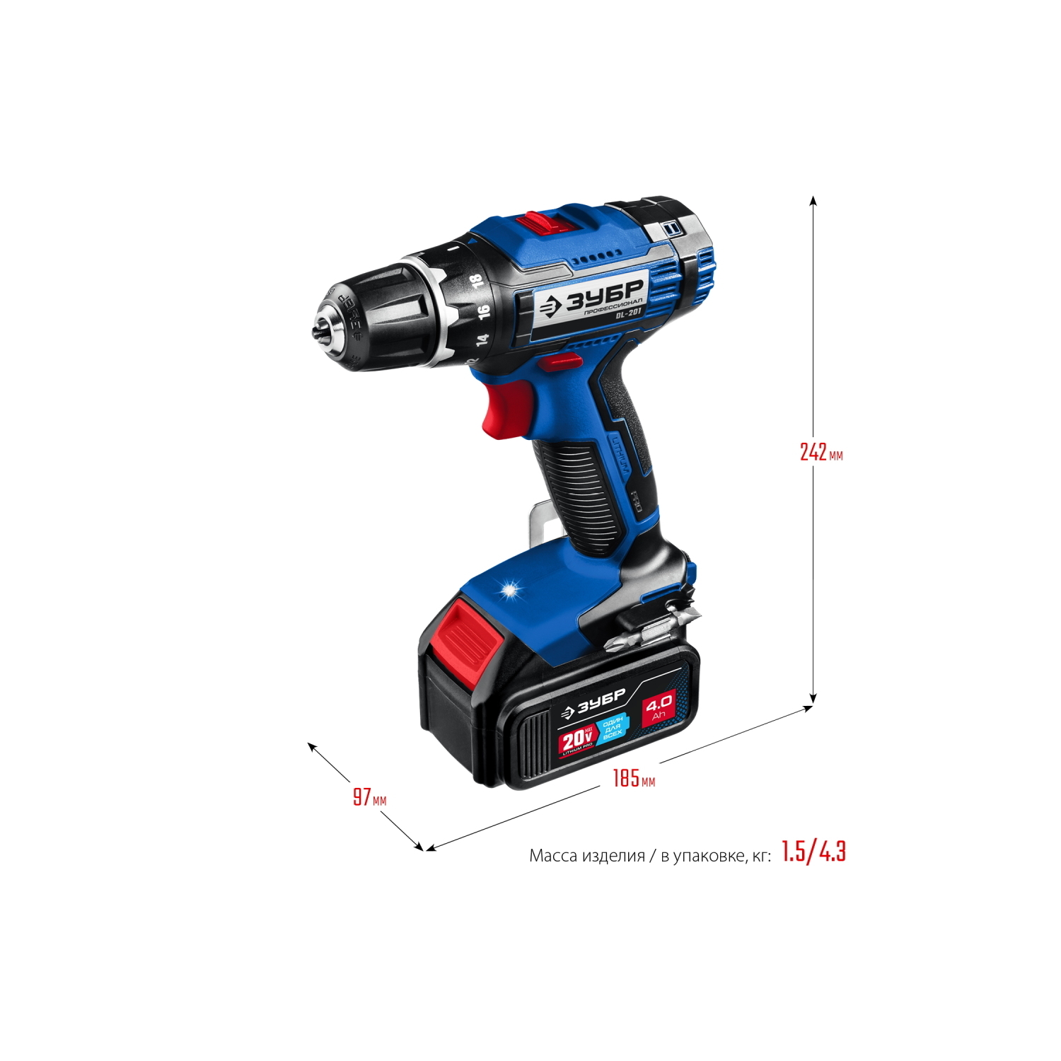 Дрель-Шуруповерт Профессионал 20В 2АКБ 4Ач ЗУБР кейс DL-201-42..2